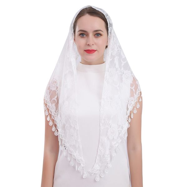 Cilkus Lace veil Mantilla veil Shawl or Scarf Latin Mass Head Cover with Fringed lace (White)