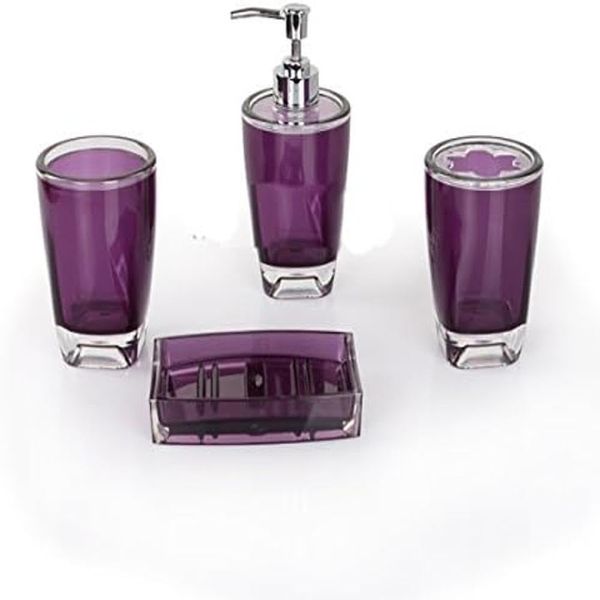 Fingey Modern Design 4 Piece Bathroom Accessory Set, Soap Dish, Tooth Brush Holder, Soap Dispenser, Rinse Cup (Purple)