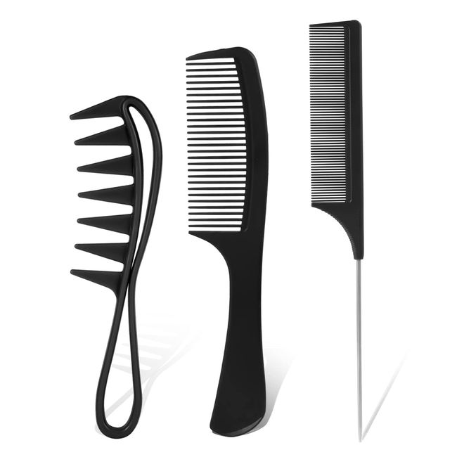 3-teiliges Haarkamm Set, Zahnkamm Wide Tooth Comb Rattenschwanzkamm Breitzahnkamm für Lockiges Nasses Welliges Dickes Haar, Perücken, Salon, Antistatisch, Hitzebeständig (Schwarz)