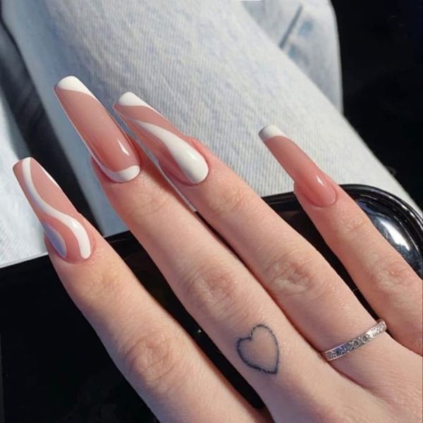 24 Nail Pieces Nail Tips Finished with Double Sided Adhesive Tape White Line Pattern Coming-of-Age Ceremony Nail Reception Party After-Parties Wedding Nails Ballet Shoes Shape