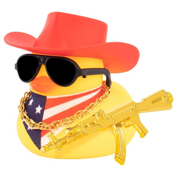 wonuu Rubber Duck Car Ornaments Dashboard Decorations with Cowboy Hat Bandanna Necklace for 4th of July Independence Day Accessories Labor Day, Yellow-Red Vertical Red White Blue Star Stripe Flag