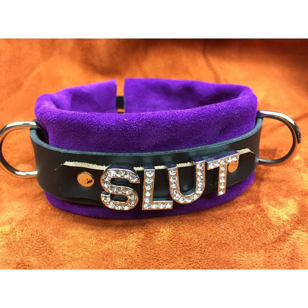 Custom Purple Locking Suede Leather"Slut" Choker with Leash