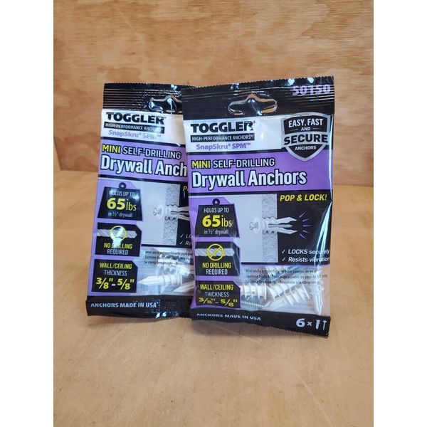 2 Pack Toggler 50150 Mini SnapSkru Self-Drilling Drywall Anchors 3/8-5/8” New