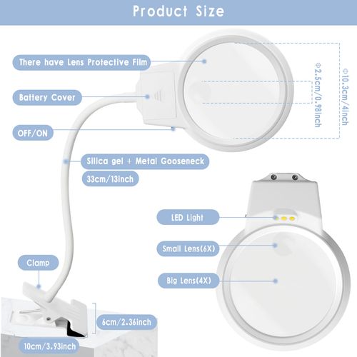 Kulannder LED Magnifying Lamp for Diamond Painting Tools, 4X & 6X Magnifier LED Light with Clip and Flexible Neck for 5D Diamond Painting and Cross Stitch Tool Accessory Magnifier Lamp, White…