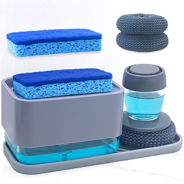 4 in 1 Dish Soap Dispenser and Sponge Holder Set for Kitchen Sink with Soap Dispensing Dish Brush, Sink Tray, Scrub Sponge, Brush Head