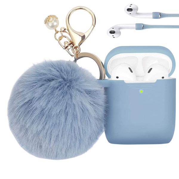 PERSONALLY YOURZ Airpods 2nd Gen Case Cover For Apple Airpods【Front LED Visible Support Wireless Charging】Cute Airpods Case With Anti-loss Straps & Soft Fluffy Pompom - LIGHT BLUE