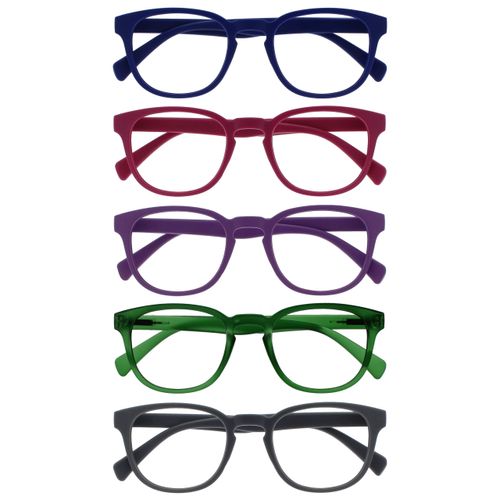 Opulize Pop Reading Glasses 5 Pack Fun Round Matt Frame Blue Fuscia Pink Purple Moss Green Grey Spring Hinges Scratch Resistant Mens Womens RRRRR2-34567 +2.00