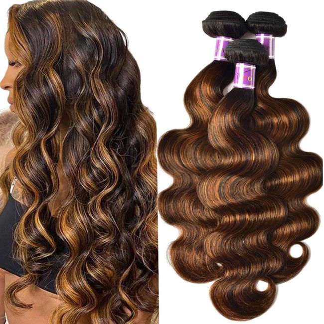 UNICE Brown Highlight Body Wave Human Hair Weave 3 Bundles 16 18 20 inch, Brazilian Remy Ombre Blonde Wavy Sew in Piano Color TFB30