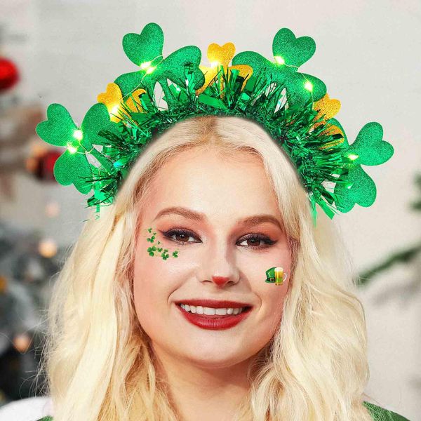 Acenail St. Patrick's Day Headband Light up Green Shamrock Headbands LED Clover Hairbands Holiday Irish Costume Hair Accessories for Women and Girls