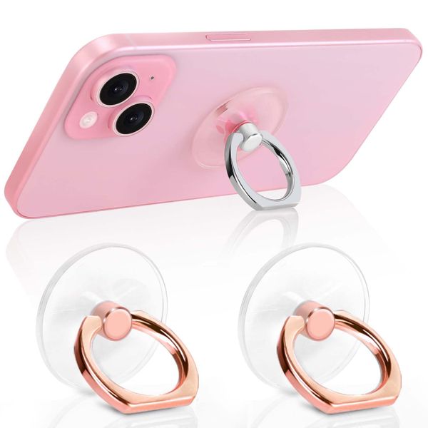 Jsoerpay Smartphone Ring, Clear, Thin Bunker Ring, 360° Rotation, Fall Prevention, Ring Type, Stand Function, Transparent Smartphone Ring, Compatible with Most Smartphones, Tablets, Cases (2 Rose