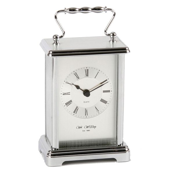 Wm Widdop Rectangular 2 Tone Silver Carriage Clock, with roman numerals