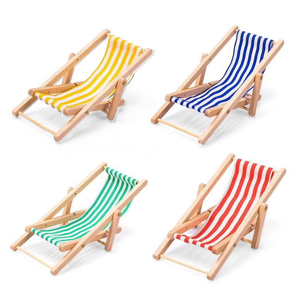 Dollhouse Miniature Furniture Accessories Foldable Wooden Beach Chair Mini Longue Deck Chair Doll House Ornament Kits for DIY Fairy Garden Dollhouse Decoration - Pack of 4