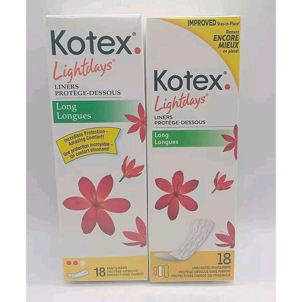 Vintage 2008 Kotex LIGHTDAYS Liners Long Unscented NOS 18 Ct. Each, 2 Pack