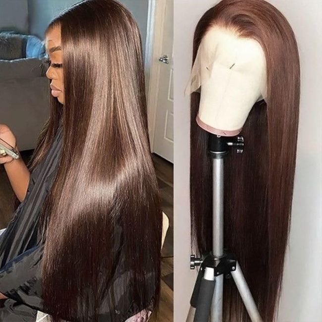 sdamey 13x6 Straight Wigs Chocolate Brown Transarent HD Lace Front Wigs Human Hair with Baby Hair 180 Density Straight Glueless Wigs Pre Plucked Hairline 4# Brown Color (26 Inch, 4 Brown)