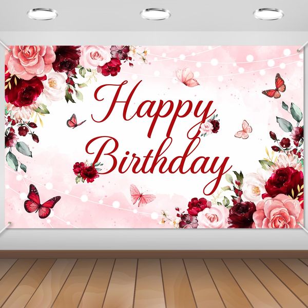 Avezano Floral Happy Birthday Banner for Women Girls Rose Gold Red Floral Birthday Party Decorations for Women Burgundy Floral Birthday Party Supplies Banner 70.8 x 43.3 Inch