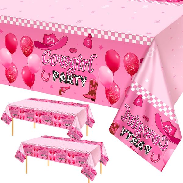 HyDren 3 Pcs Cowgirl Party Tablecloth Western Disco Cowgirl Birthday Decorations 54 x 108 Inches Pink Disposable Plastic Tablecover Rectangular Horse Party Supplies for Girls Boys Baby Shower