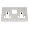 Socket 2 Gang - Satin Matt Chrome - Flat - White Insert Plastic Switch - 13A Double Wall Plug Socket