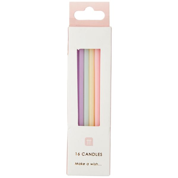 Pack of 16 Rainbow Pastel Birthday Candles with Holders | Tall Thin 10cm | Cake Decorations for Birthdays, Baby Shower, Easter, Girls Party, Daughter, 16th, 18th, 21st