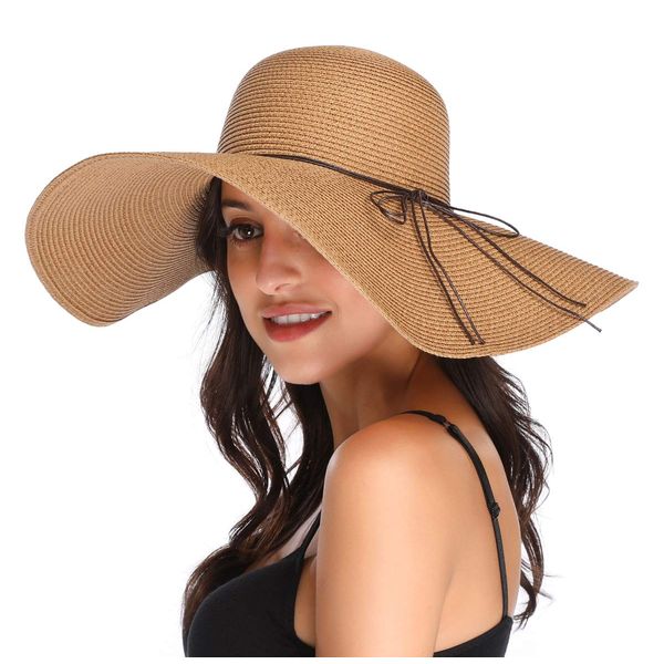 Lanzom Womens Wide Brim Straw Hat Big Floppy Foldable Roll up Cap Beach Sun Hat UPF 50+(String-Khaki)