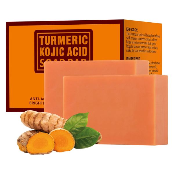 Turmeric Soap with Kojic Acid, Turmeric Soap Bar For Face and Body, Kojic Acid Soap For Dark Spot Remover Brightening Turmeric Soap Bar for Acne Face Bar For Cleansing Exfoliating Wash 200g