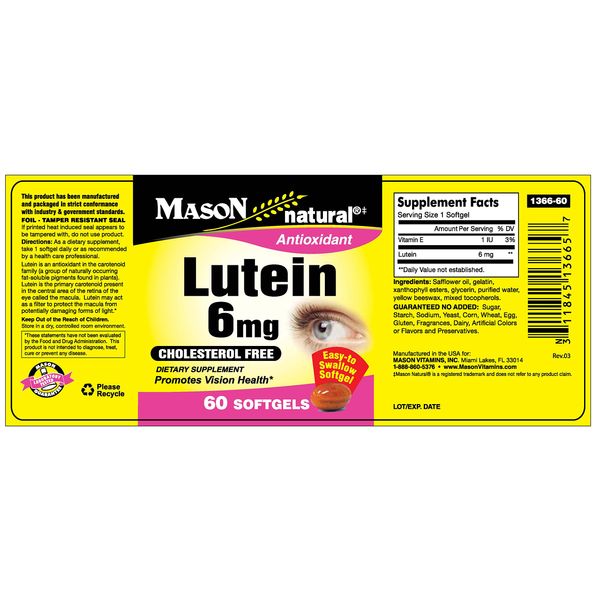 Mason Natural Lutein 6MG Softgels, 60 Count, (Stock Image is Wrong)