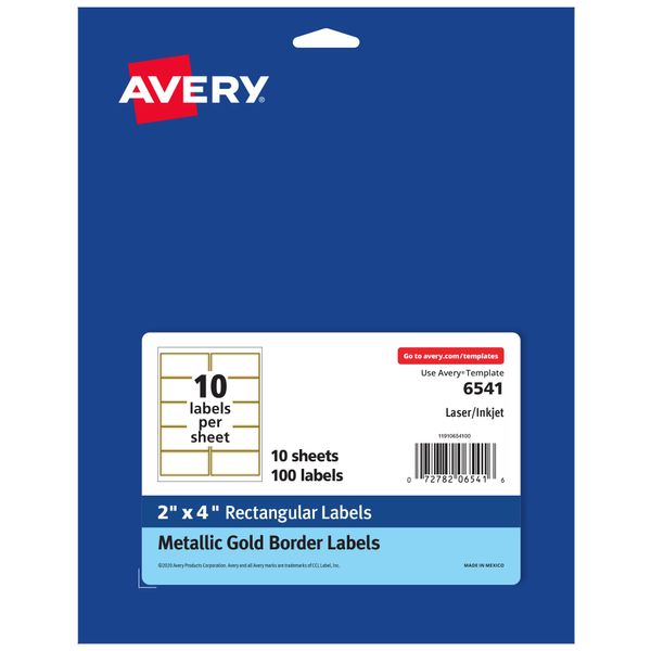 Avery Shipping Labels, Matte White with Metallic Gold Borders, 2" x 4", 100 Blank Shipping Labels (6541)