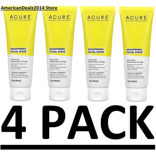 4 PACK - ACURE Brightening Facial Scrub, 4 fl oz (118 ml) Sea Kelp EXP: 01/2026