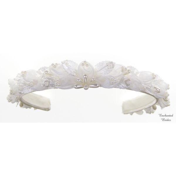 Charming Girl Satin and Organza Floral Headband Adorned with Lustrous Pearls, Seed Bead and Sequins for Wedding Flower Girl, Communion or Other Special Occasions #81G6wi (IVORY)