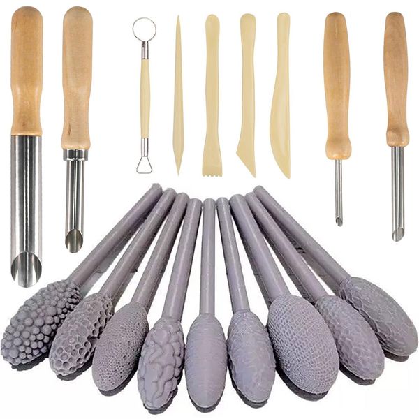 Clay Texture Roller for Art Projects,5/9/18pcs Modeling Pattern Rollers Kit, Single Head/Double Head, Roller Stick, Clay Bead Roller,Clay Texture Tools for Art (Single Head 9pcs+Pottery Tools 9pcs)