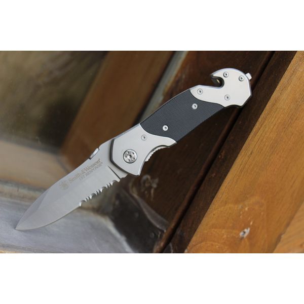 Smith & Wesson SWFRS 8in High Carbon S.S. Folding Knife with 3.3in Drop Point Serrated Blade and S.S. with G-10 Inlay Handle for Outdoor, Tactical, Survival and EDC