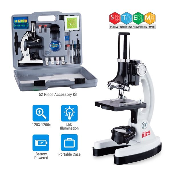 52pc 120X-1200X Starter Compound Microscope Portable Science Kit for Kids School