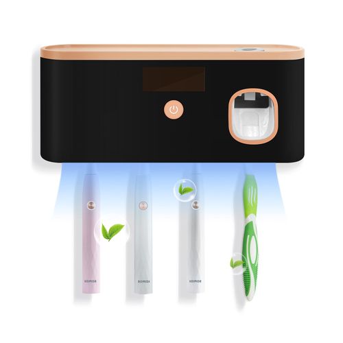 Toothbrush Sterilization Holder for Bathrooms,LXIANGN USB Rechargeable Toothbrush Holder Wall Mounted Toothbrush Sterilization Automatic Toothpaste Dispenser with 5 Slot (Black+Gold)