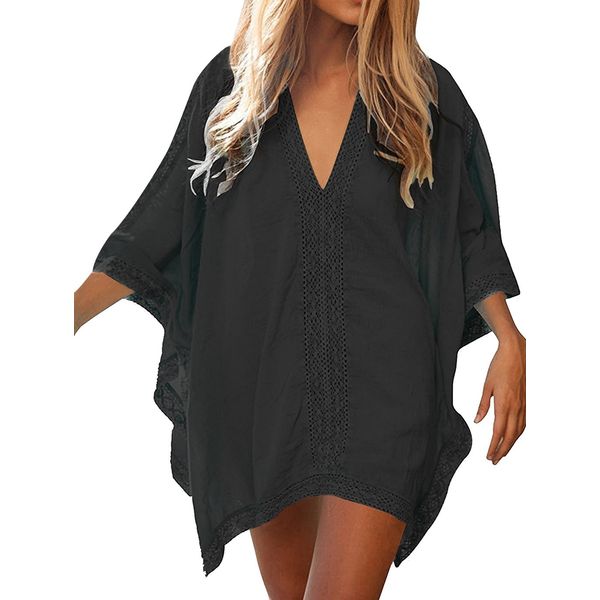 Womens V Neck Beach Dress Cover Up Bikini Beachwear Summer Bathing Suit Swimsuit Wrap for Ladies Oversized Black