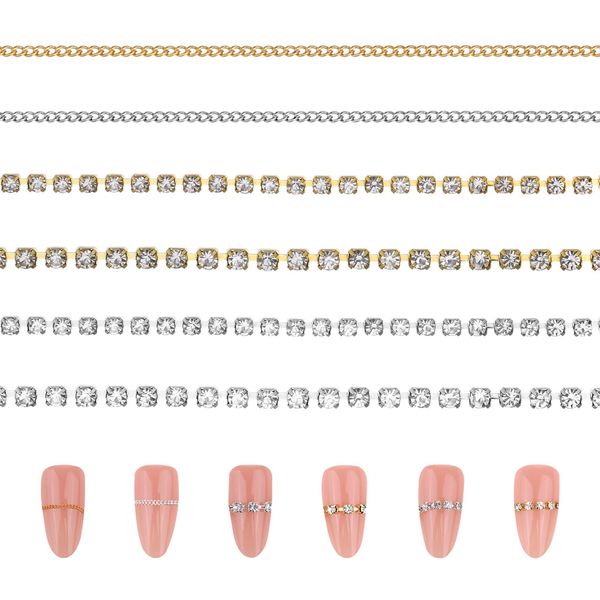 PEOVLVN 6 Strips Nail Chains for Nail Art, Metal Nail Chains 3D Nail Art Charms Gold & Silver Chain Nail Charms Nail Jewelry for DIY Nails Making Manicure Women Nail Art Decoration