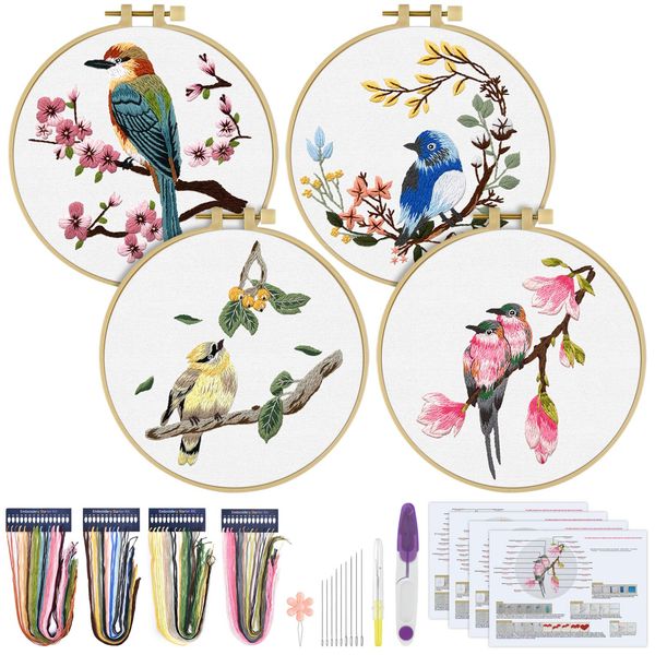 ERKOON 4 Sets Embroidery Kit for Beginners, Art Craft Handy Sewing Set Hummingbird and Flower Cross Stitch Starter Kits, DIY Embroidery Kits with Patterns and Instructions Hoops Needles Threads