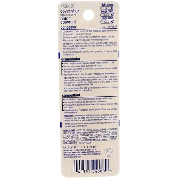 Maybelline Cover Stick Concealer, Light Beige [120], 0.16 oz