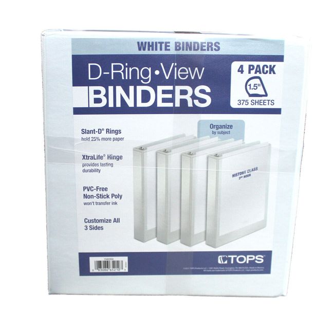 Tops D-Ring 1.5 Inch View Binders 4-Pack (White)