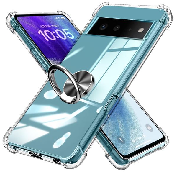 Google Pixel 6 Case with Ring, Clear, TPU, Transparent, Shockproof, Soft Touch, Four Corner Air Cushion Cover, Durable, Compatible with Car Holder, Stand Function, Dustproof, Thin, Lightweight, Fall