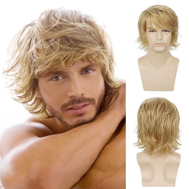 Qnbiar Blond Perücke für Herren kurze flauschige geschichtete blonde Perücke natürliche synthetische Halloween Cosplay Haarperücke für Männer