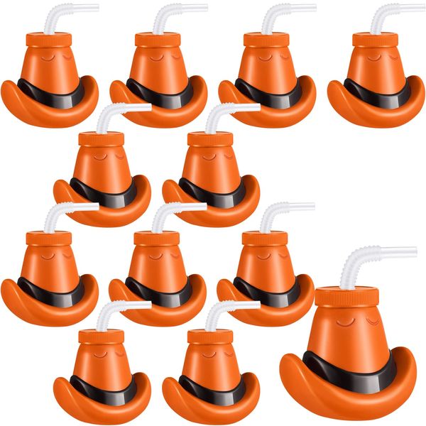 Amyhill Cowboy Hat Cups with Lids and Straws 12 oz Plastic Cowboy Hat Cups for Western Party Supplies Cowboy Birthday Party Decorations (Brown,12 Pcs)