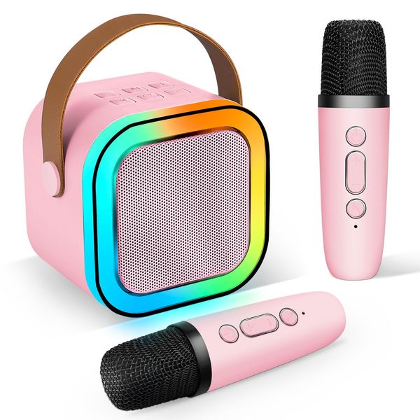 BARYINBIRD Mini Karaoke Machine,Portable Karaoke Machine with 2 Wireless Microphones,4-12 Years Old Girls Birthday Gift for Childrens,Home Party(Pink)