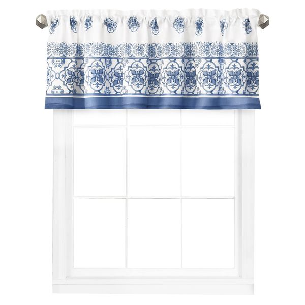 Newbridge Mykonos Blue Mediterranean Tile Print Bordered Window Curtain Valan...