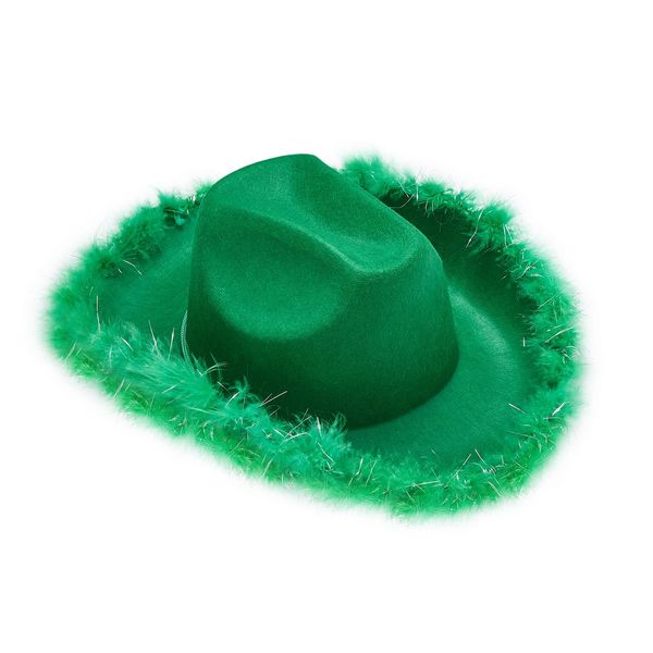 YILEEGOO Felt Cowboy Hat for Women Fluffy Feather Trim Disco Cowgirl Hat，Halloween Costumes Preppy Hat for Cosplay Birthday Party (B-Green, One Size)