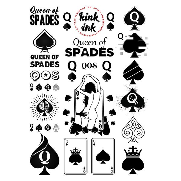 Kink Ink - 23 x Queen of Spades Temporary Tattoo Kinky Black Lettering A4 Sheet