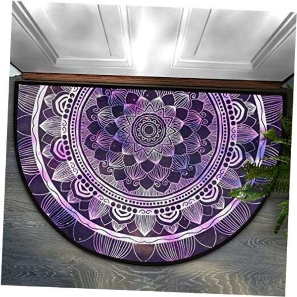 Door Mat, Ethnic Tribal Floor Mat Non-Slip Half Half Round Mandala Flower