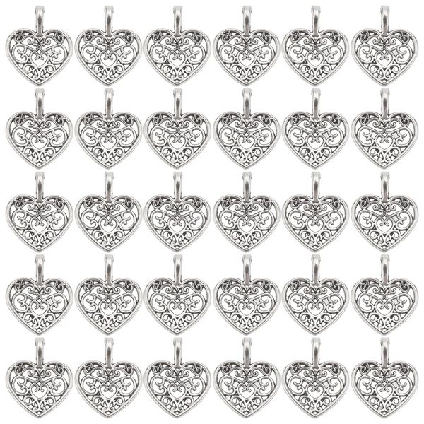 PH PandaHall 100pcs Heart Charms Tibetan Alloy Hollow Heart Pendants Metal Love Charms for Necklace Jewellery Making Valentine Wedding Gifts Decor, Antique Silver