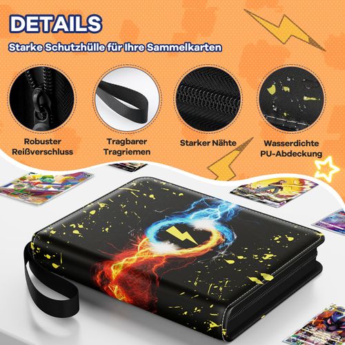 Scrapbook for TCG Cards, 400 Cards Trading Cards Album 4 Pockets 50 Pages, Waterproof PU Leather Zip Binder for Trading Cards, Gift for Children, Boys, Girls