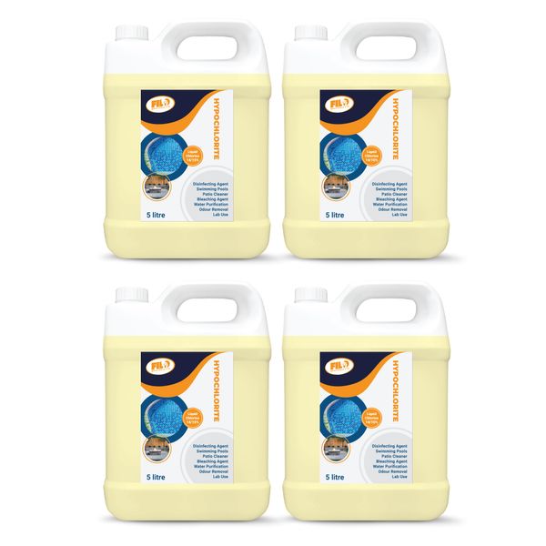 FILO Sodium Hypochlorite 20L (4X5L) - High Strength (14-15%) Brick, Driveway & Patio Cleaner - Liquid Chlorine Shock Treatment, for Swimming Pools & Hot Tubs - Stain Removal and Paving Algae Control