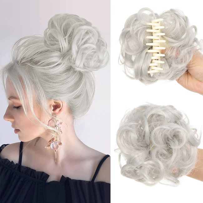 IOSPKKIO® Claw Clip Messy Bun Hair, mit Gewellter Grauer Lockiger Perücke, Natürliches Aussehen, Verlängerungen, Scrunchie-Haar für Frauen, Synthetisches Haarteil (Grau)