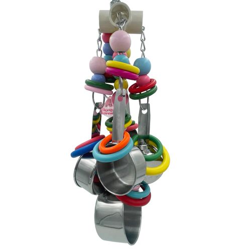 GILYGI Metallic Pots and Multicolored Ring StringsToys, Pullable 5 Stainless Steel Cups and Wooden Ring Toys for Large and Extra Large Parrot Amazons Macaws African Greys Cockatoos Eclectus